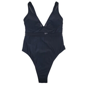 Cupshe Swimsuit V Neck Black 0X Mesh Sheer Panel Minimalist Plus One Piece